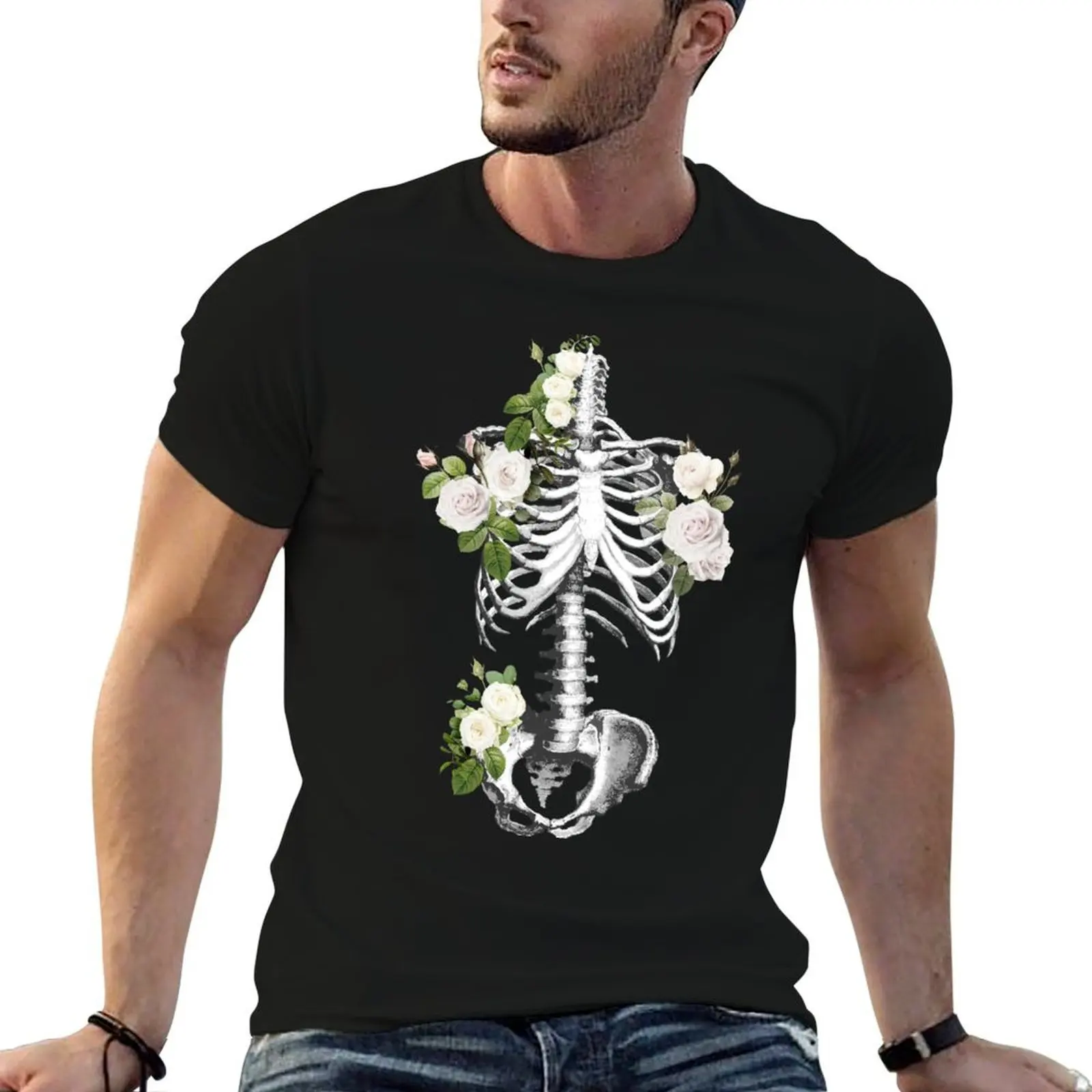

Bones and Botany, Ribcage full of white roses and leaves, Anatomy Art,, thoracicy, black and white, leaves anatomy Ribca T-Shirt