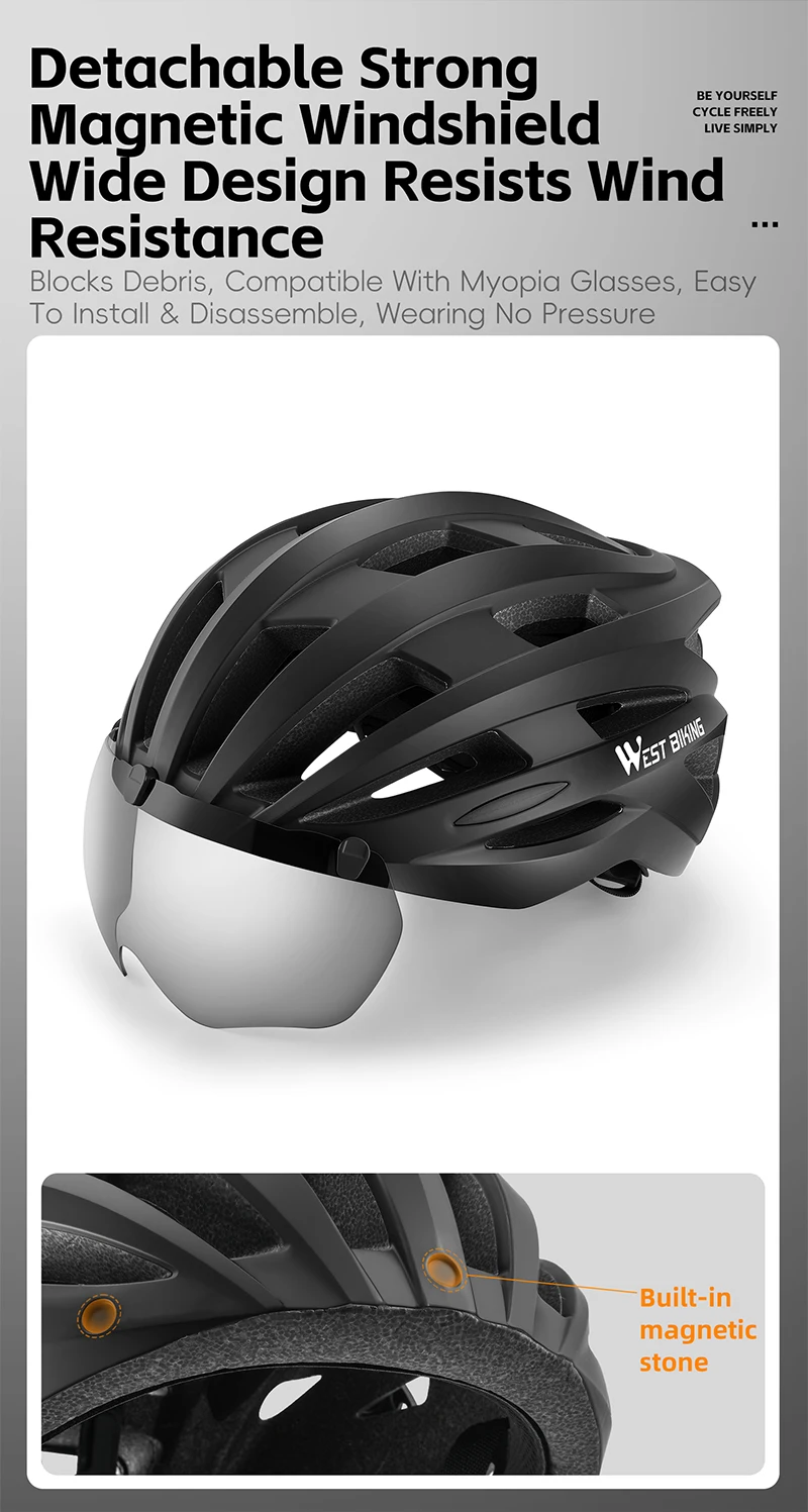 WEST BIKING CE-zertifizierter Fahrradhelm, magnetische Schutzbrille, USB-Rücklicht, verstellbar, 56–65 cm, M-XL, XXL, für Herren, für Straßen- und Mountainbiking – Detail 10