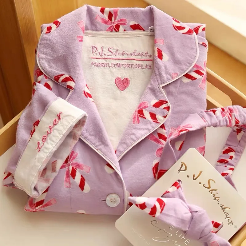 2025 Autumn New Home Clothes Lady Cotton Pajamas Suit Cute Cartoon Print Nightwear Luxury Shirt Pants Girlfriend Gift Loungewear