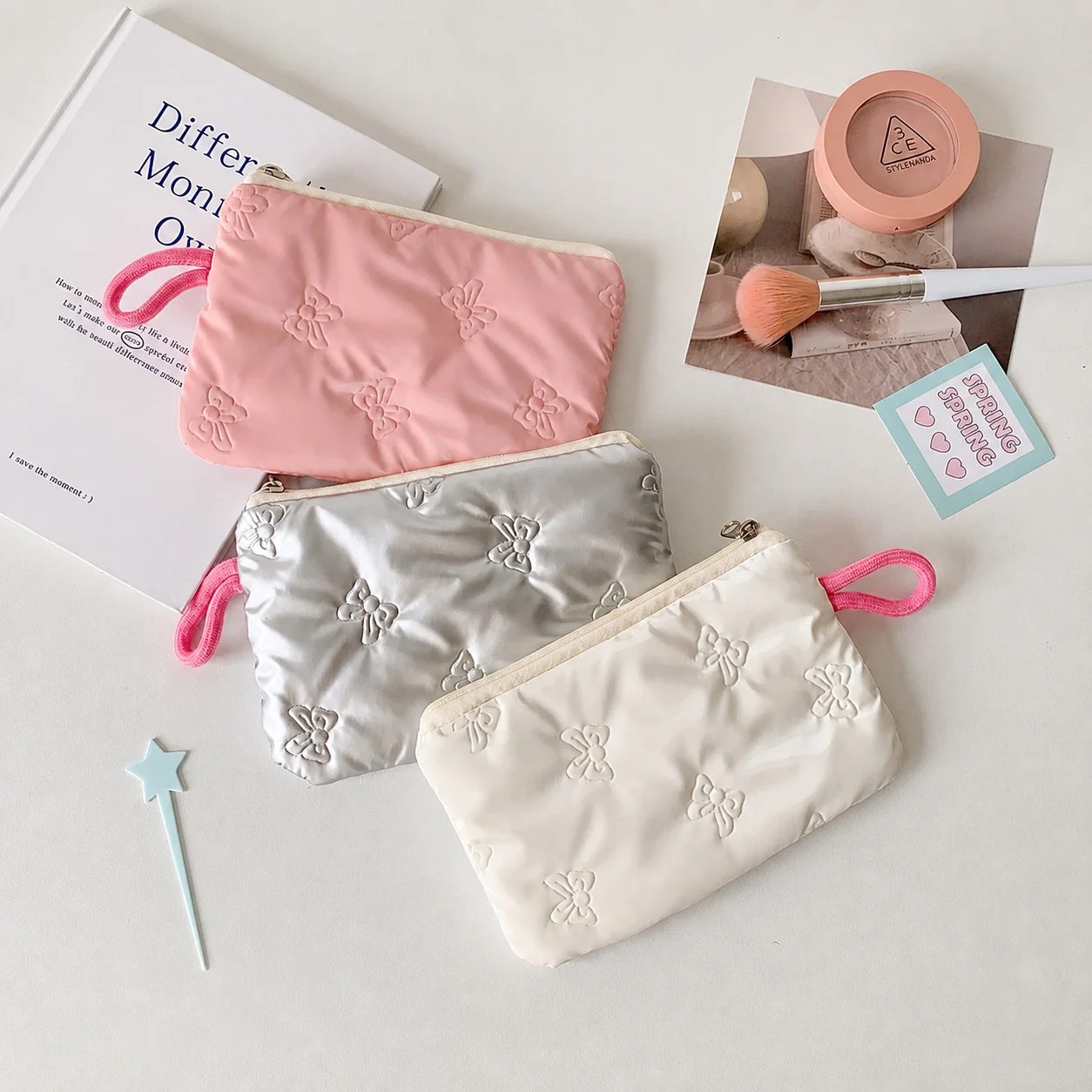 Silver Lingge Bow Pattern Coin Purses Small Canvas Coin Wallet Lady Girls Earphone Coin Key Money Storage Bag Zipper Pouch