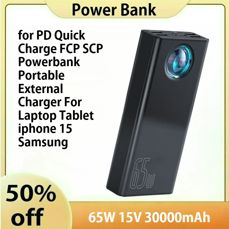 

65W 30000mAh Power Bank PD Quick Charge FCP SCP Powerbank Portable External Charger For Laptop Tablet iphone 15 Samsung