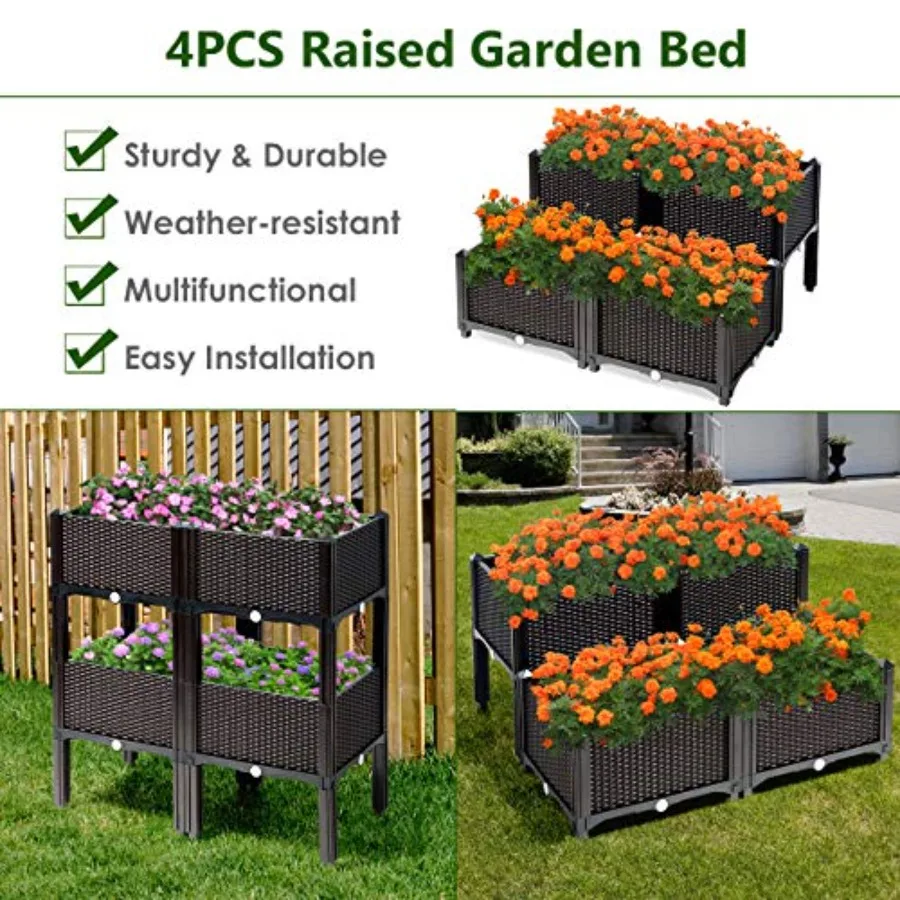 Outdoor elevated planting box set for lawn, patio, balcony; rattan-like brown HDPE plastic; easy assembly, drain holes; ideal f