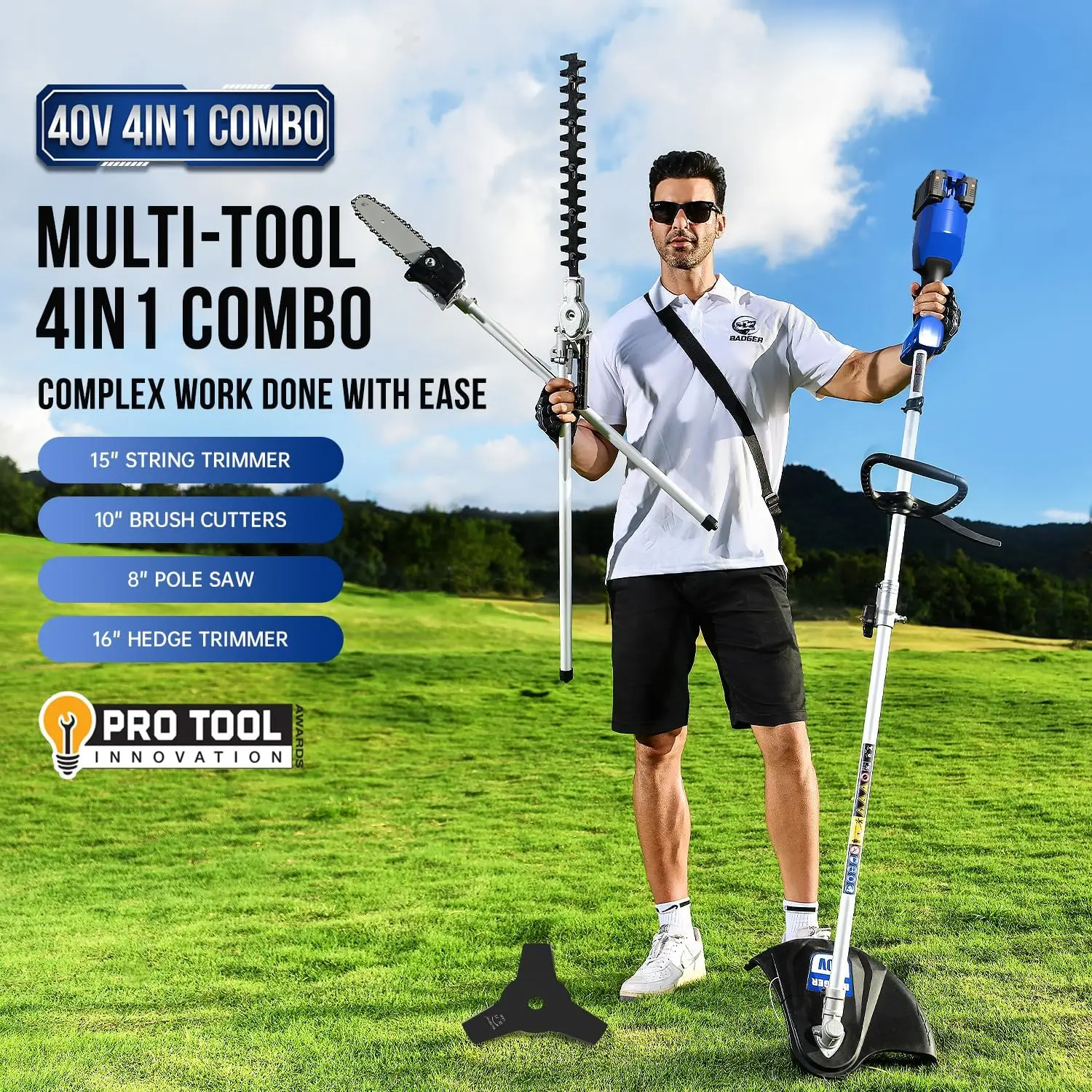 Upgraded 40V Cordless String Trimmer & Edger, 4-in-1 Multi-Tool Kit with Hedge Trimmer, Brush Cutter, Pole Saw, 2*20V 4.0Ah