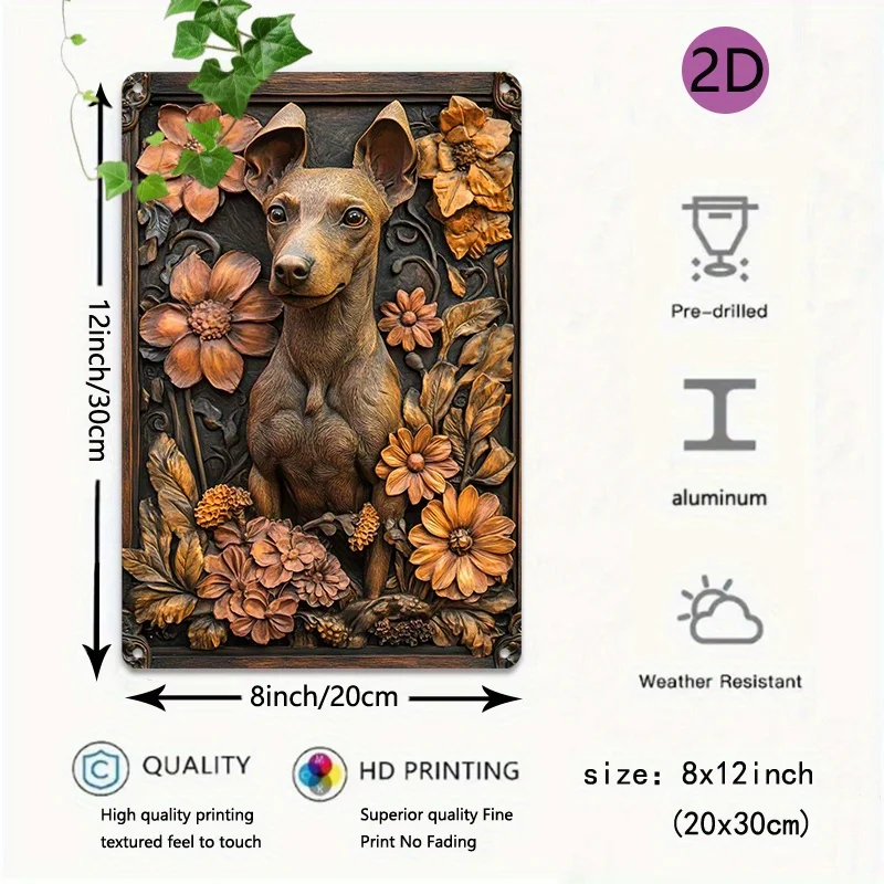 Encantador galgo italiano y flores románticas, arte de pared de aluminio, perfecto para decoración del hogar, gimnasio o tienda, póster decorativo de pared