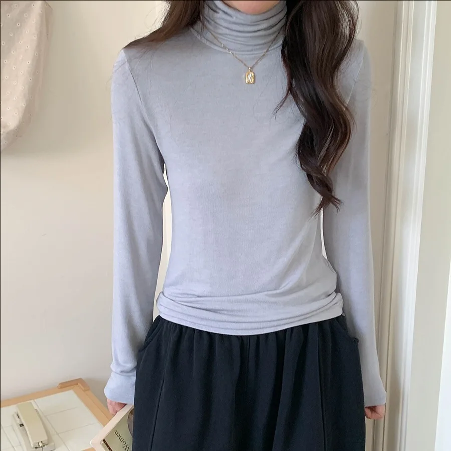 

Зима 2025: женская повседневная тонкая футболка с высоким воротом и длинным рукавом, простой топ
