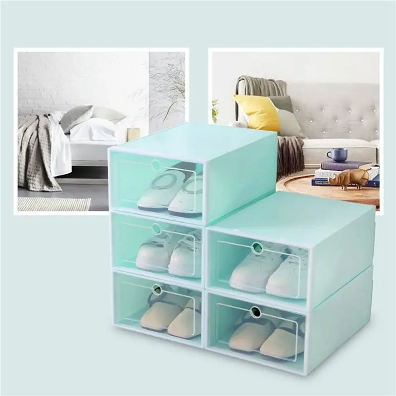 LICE-12-Piece Candy Color Shoe Box, Transparent Plastic Shoe Storage Box, Shoe Cabinet Storage Drawer Rectangle Blue