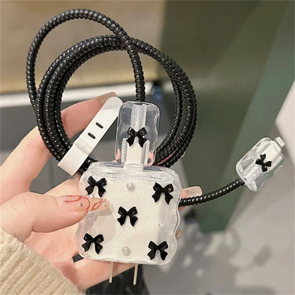 Cute 3D Pearl Little Bowknot Y2K USB Cable Protector Cover for IPhone 18W/20W Data Line Head Cord Fast Charging Case Sleeve