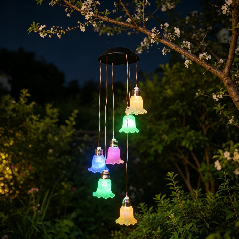 Solar Ballet Skirt Trumpet Flower Wind Chime Lights, Waterproof Floral Hanging Lamp for Tree Porch Camping Wedding Decor