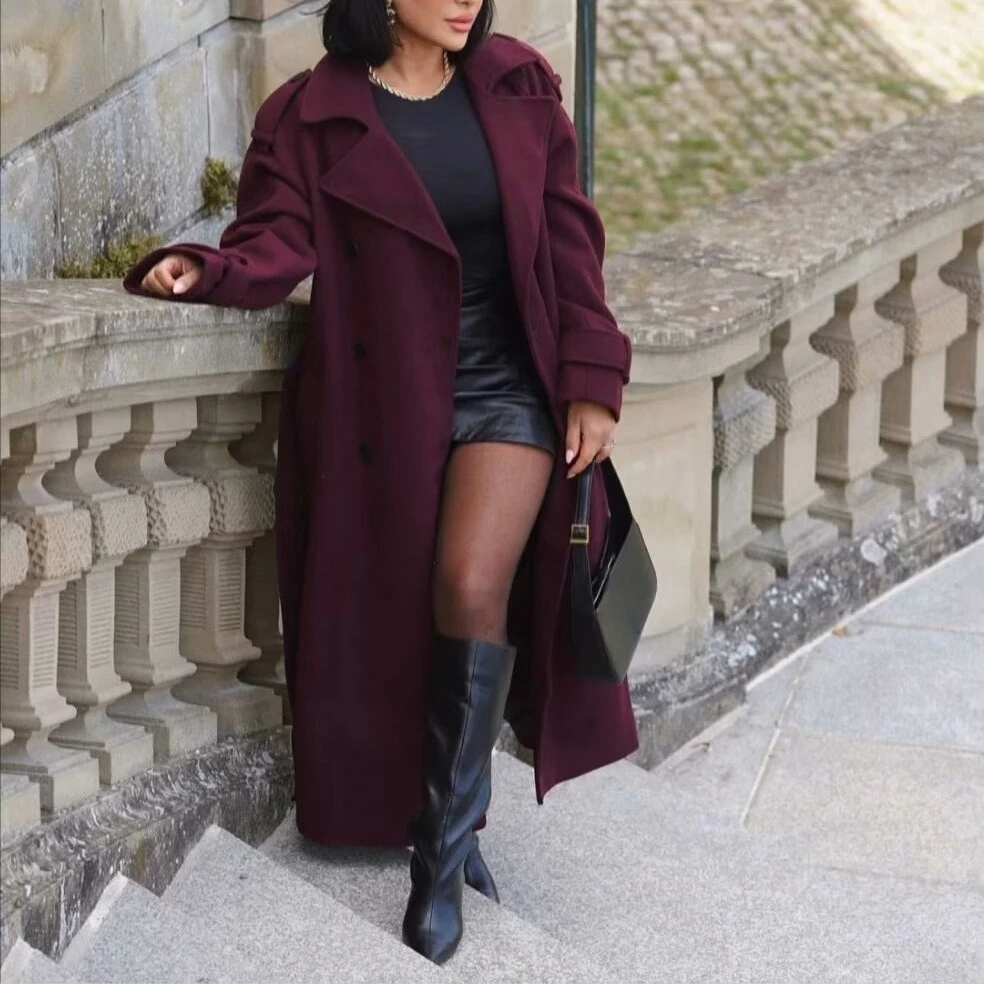 

Elegant Loose Belt Coats Women Turn-down Collar Full Sleeve Double Breasted Overcoat 2025 Autumn Chic Female Casual Outerwear