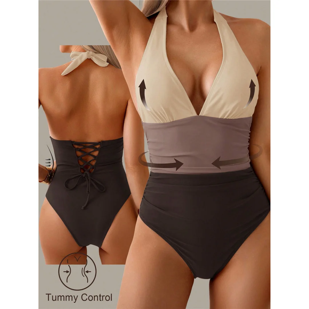 S - XL, V-Ausschnitt, rückenfreier Neckholder-Badeanzug für Damen, einteiliger Badeanzug, Monokini, gepolsterter Badeanzug, Badebekleidung, Badeanzug V7559 – Detail 13