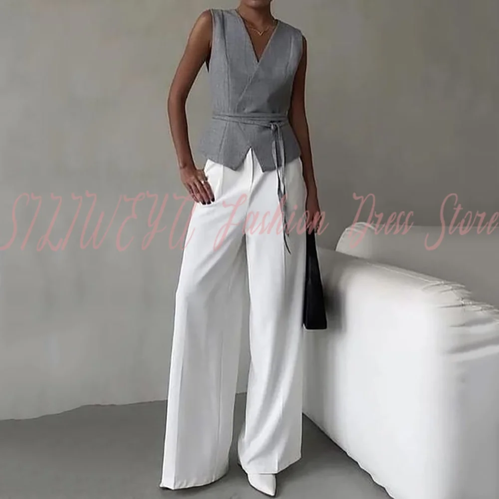 Women's Suit Party 2 Pieces Grey Sleeveless Vest White Wide-leg Straight Pants Prom Lady Chic Outfit Trajes De Mujer Elegante