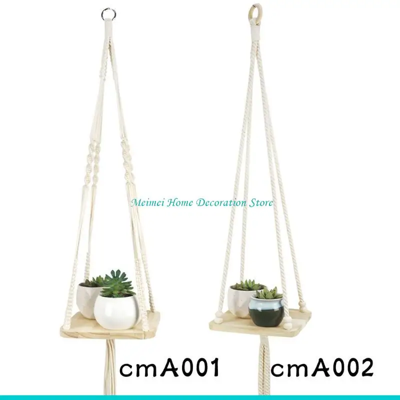 H7BF Macrame Plant Hanger with Square Wooden Plate Tray Hanging Planter Shelf Holder