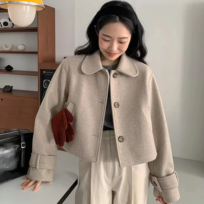 

Chic Vintage Autumn Long Sve Woolen Coat Women's Loose Fit Pure Color Doll Collar Single Button Faionable Outerwear