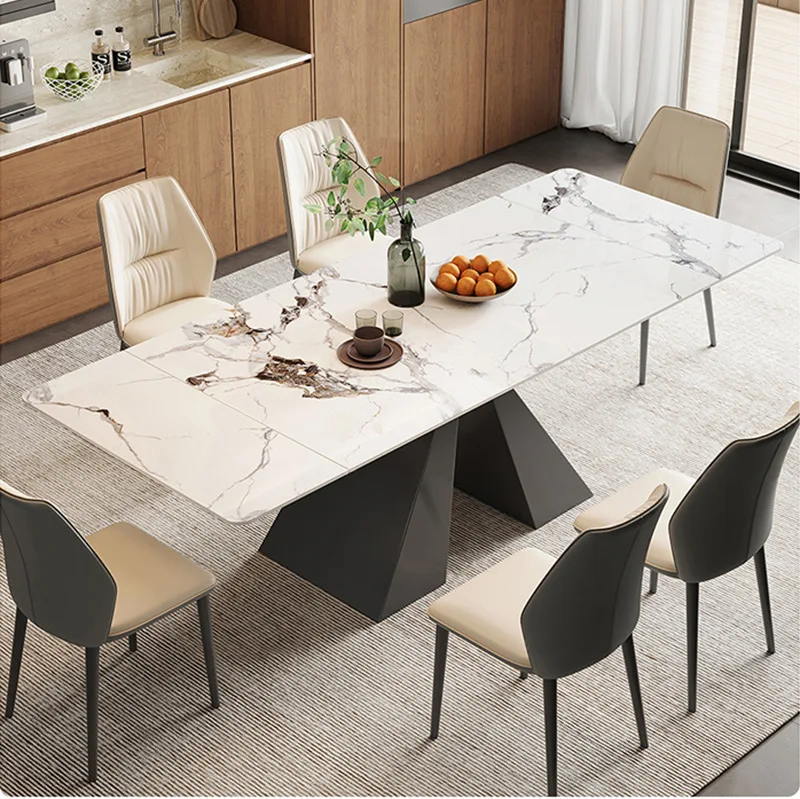 

Italian minimalist retractable rock slab dining table household small apartment rectangular dining table and chair combination