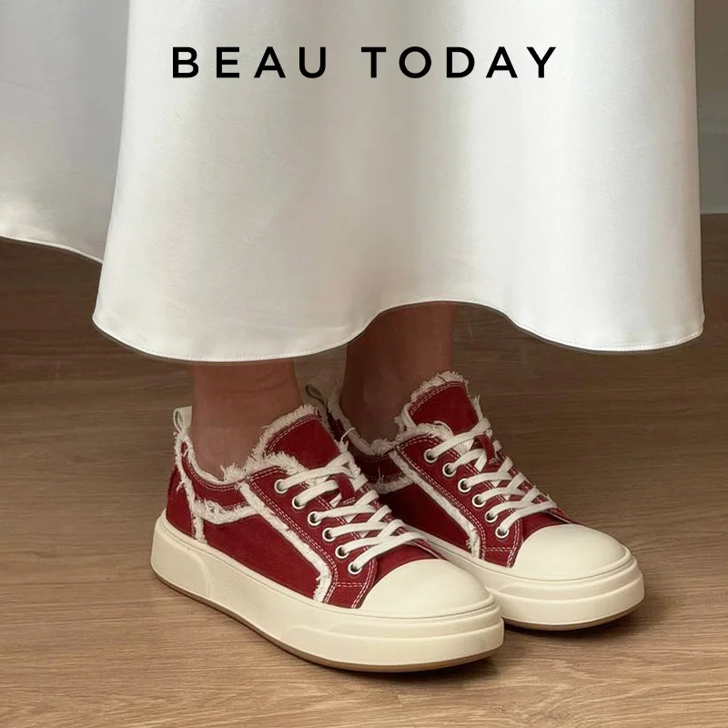 BEAUTODAY Casual Canvas Women Solid Color Sneakers Vintage Raw Edge Spring Outdoors Lace-up Ladies Barefoot Shoes Handmade 29250