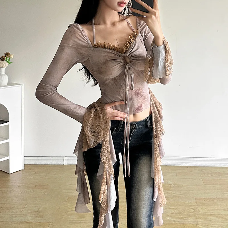 New Women's Solid Color Slim Fit with Exposed Navel Fashion V-neck Hanging Neck Long Sleeved Top for Women