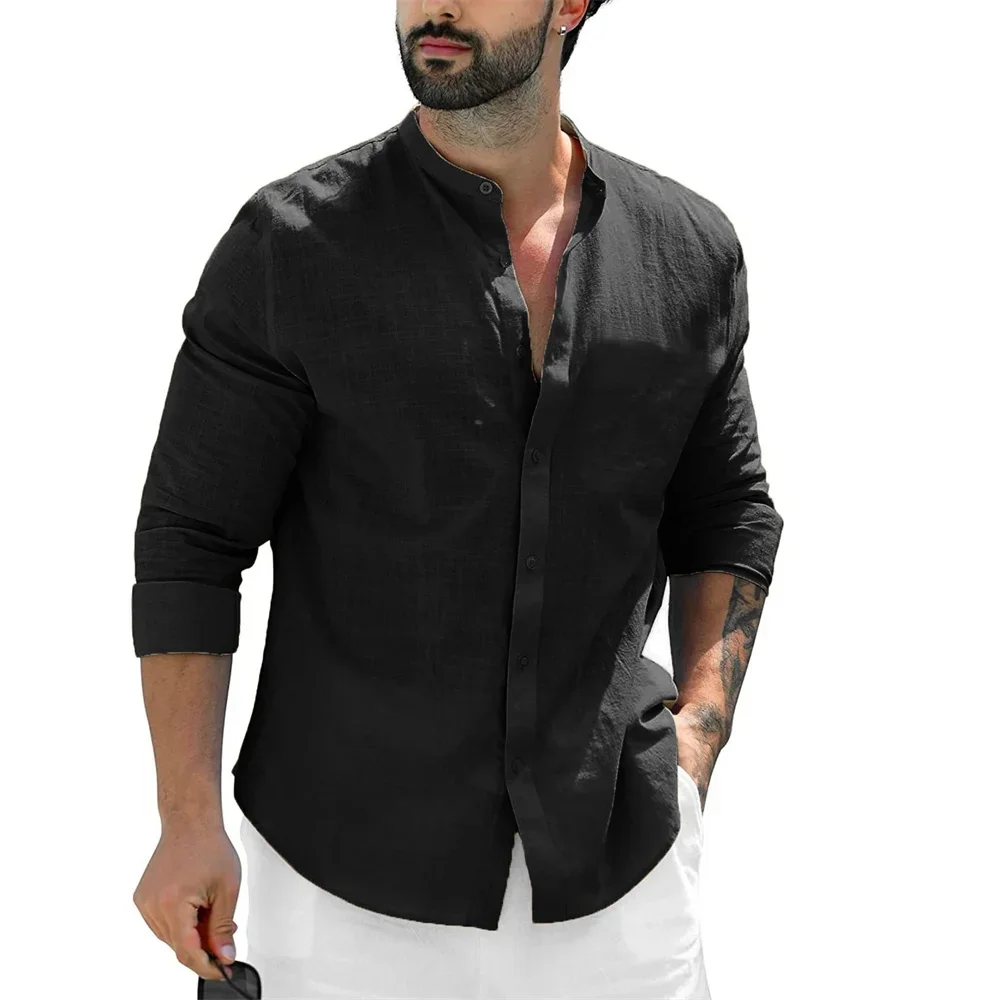 Men\'s Casual Solid Color Beach Shirts Full Sleeve Shirt Single Breasted Versatile Blouse Slim Male Stand Collar Cotton Linen Top