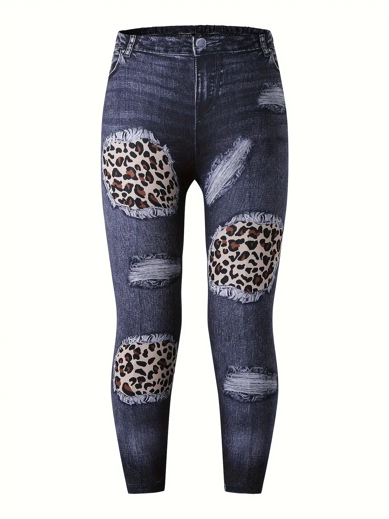 Girls Spring and Autumn Leopard Print Fake Denim Digital Print Slim Fit Knitted Trousers Versatile Leggings