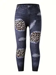 Girls Spring and Autumn Leopard Print Fake Denim Digital Print Slim Fit Knitted Trousers Versatile Leggings