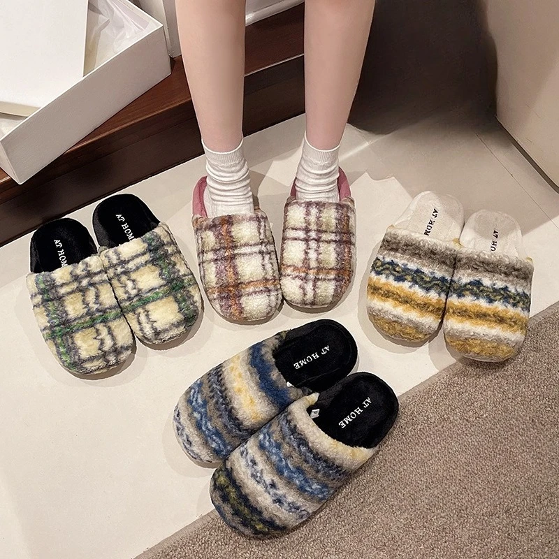 

New Retro Woolen Slippers, Indoor Home Cold-proof and Warm Cotton Slippers, Anti-slip Soft-soled Couple's Headband Cotton Shoes