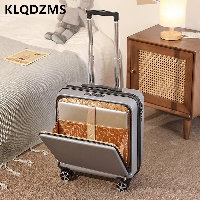 KLQDZMS 18 Inch New Luggage Men\'s Front Open Laptop Trolley Case Women\'s Small Boarding Box with Wheels Rolling Suitcase