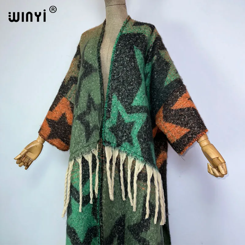 WINYI winter coat for women gradient print tassels Luxury Fur Loose OverCoat Thick Warm long down coat Europe cardigan jacket