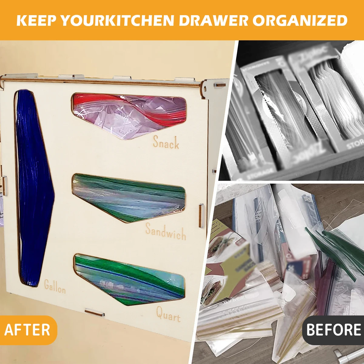 Wood Zip Bag Drawer Organizer 4 In 1 Food Storage Bag Organizer and Dispenser Compatible with Gallons Quarts Sandwich & Snack