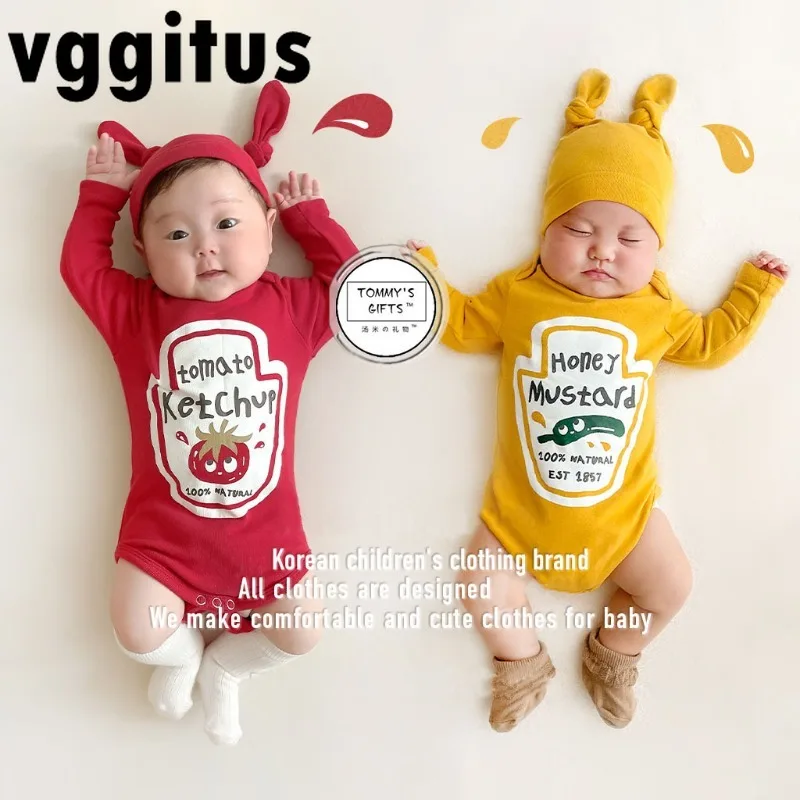Nuevo Body de primavera y otoño con estampado de tomate de dibujos animados de estilo coreano para bebé, niña y niño, mono con gorra, ropa infantil B2268
