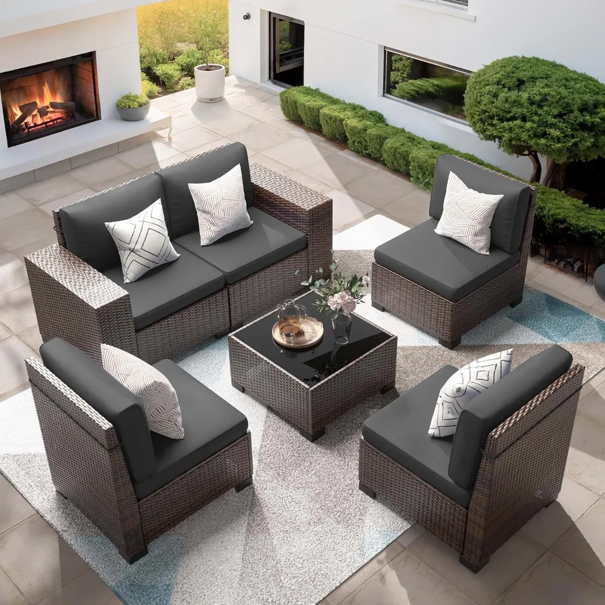 

Patio Furniture Set, 6 Pieces Outdoor Sectional Sofa Conversation Sets, Brown PE Rattan Wicker Seating Set