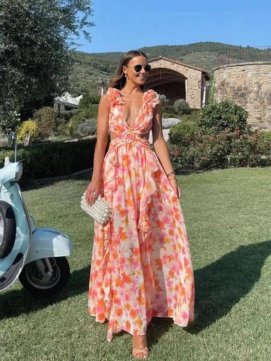 Abito lungo con stampa sexy per le vacanze estive Abito lungo con scollo a V profondo senza schienale Abito floreale con volant slim fit Abiti da donna alla moda dolce