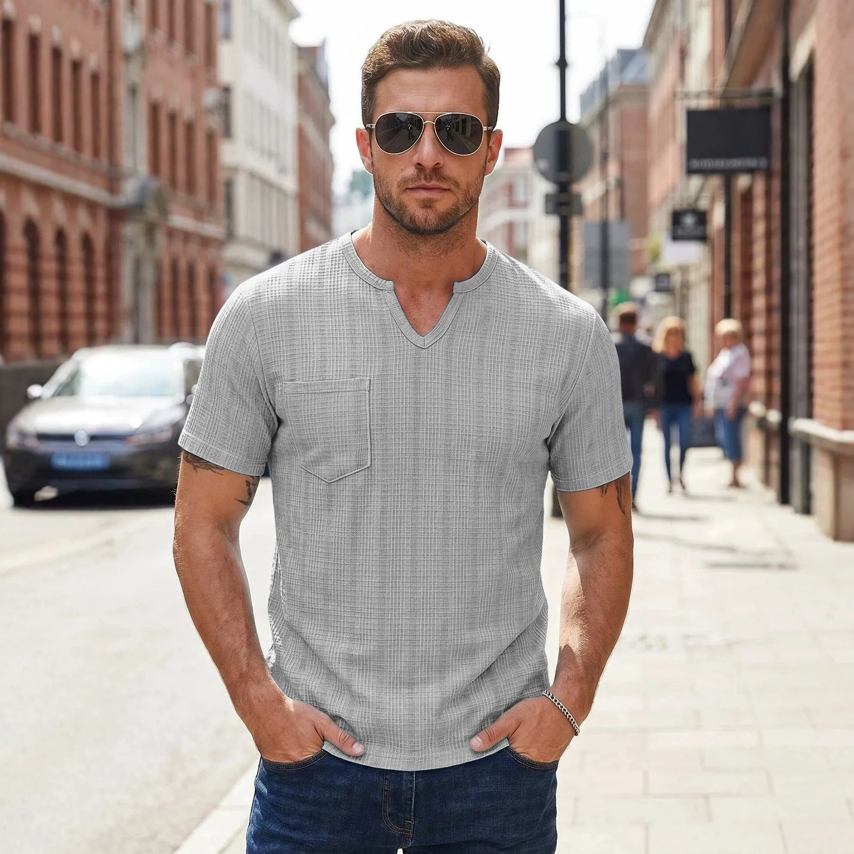 Men Waffle Knit Short Sleeve T‑Shirt Notch V Neck Chest Pocket Solid Summer Casual Tops