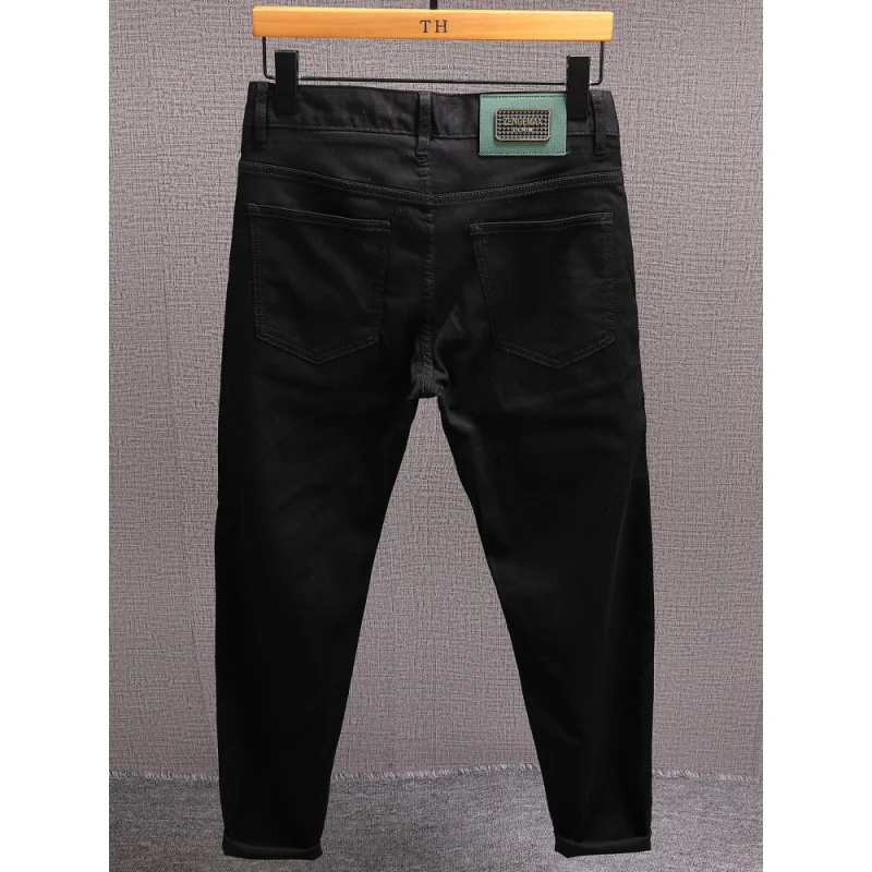 Летние черные джинсы, мужские элитные легкие роскошные модные эластичные маленькие повседневные брюки прямого кроя