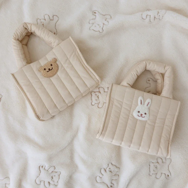 Little Bear Rabbit Down Handbag Korean New Fashion Women\'s Bag Minimalist Car Sewn Vertical Stripe Casual Wrist Bag purse