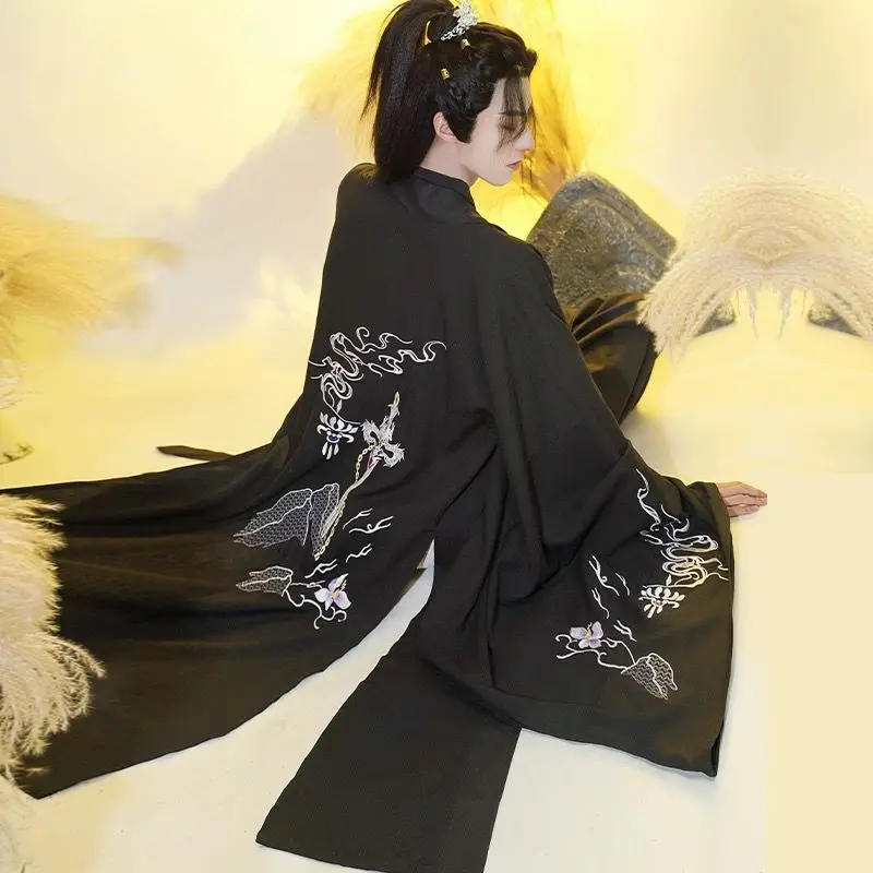 Ponadgabarytowy chiński kostium Hanfu Mężczyźni Starożytny Vintage Hanfu Halloween Kostium Cosplay Czarny 3-częściowy Zestaw Hanfu Dla Mężczyzn Plus Size 3XL