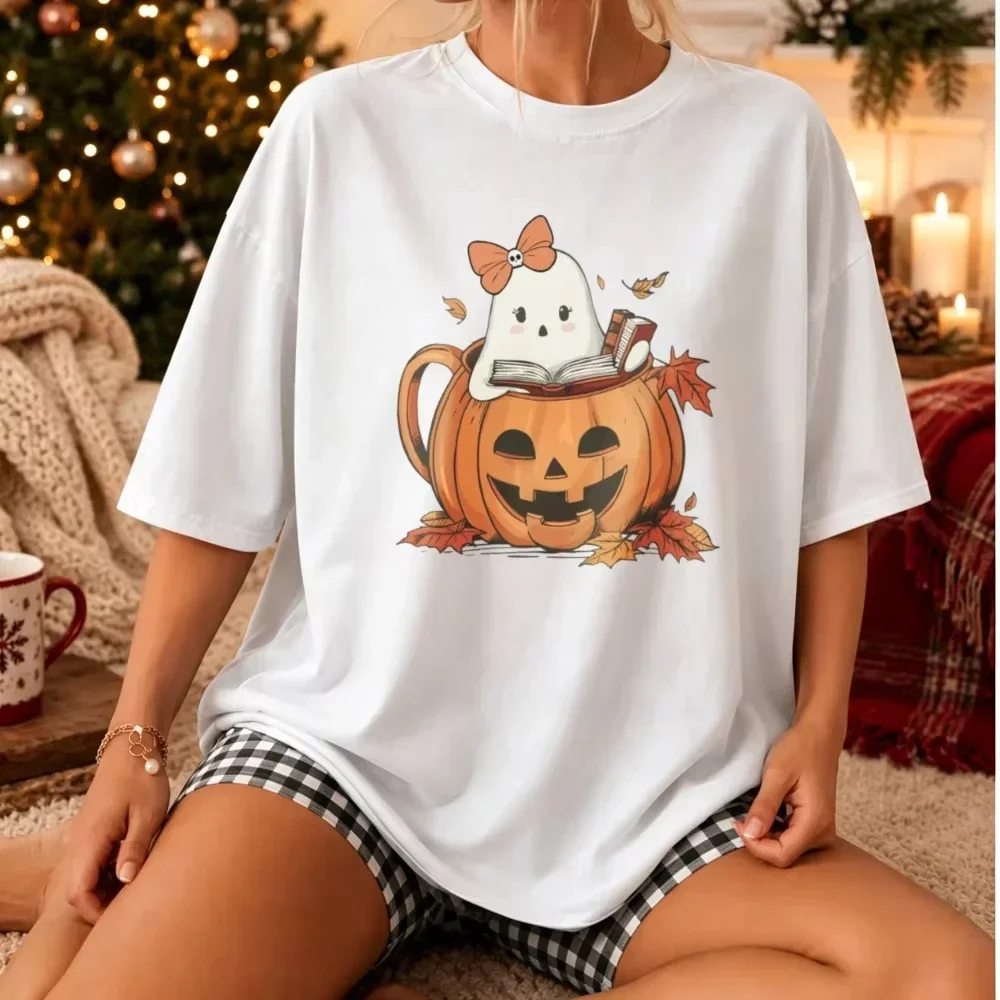 Lady Cute Bow Ghost Reading Book Halloween TShirt Sweet Ghost in Jack‑OLantern Pumpkin Mug Fall Maple Leaf Cozy Autumn Lover Tee