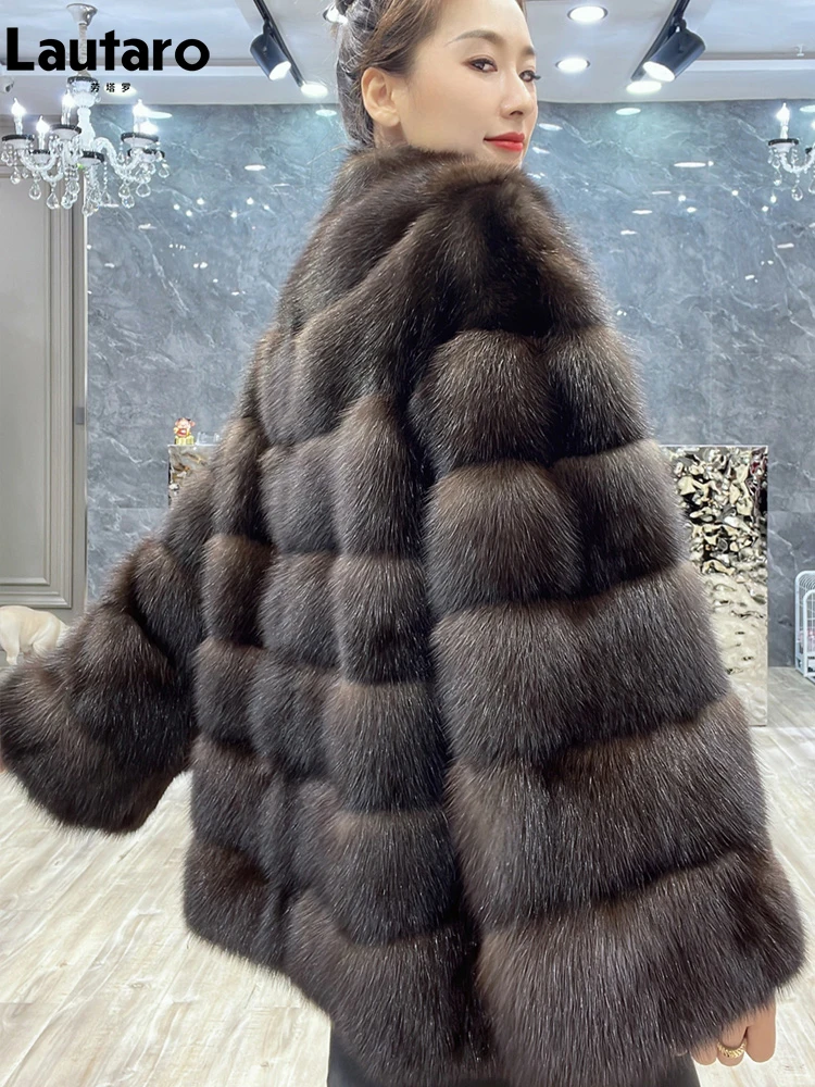 Lautaro Autumn Winter Elegant Luxury Chic Thick Warm Striped Hairy Faux Sable Fur Coat Women V Neck High Quality Fluffy Jacket