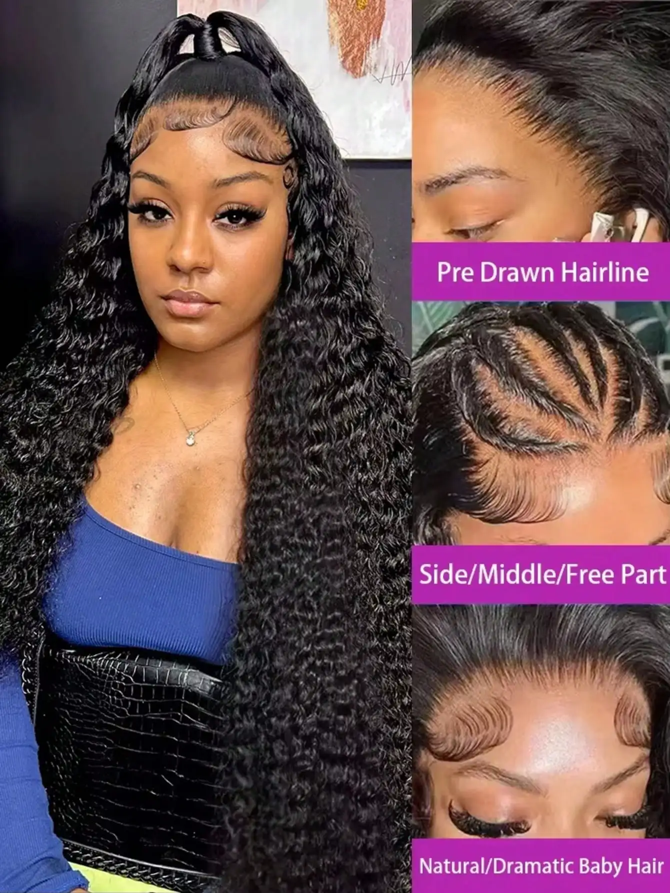 250% 13x4 Вьющиеся кружевные фронтальные парики Человеческие волосы 250% Плотность Глубокая волна Парик фронта шнурка Человеческие волосы Прозрачные кружевные вьющиеся парики