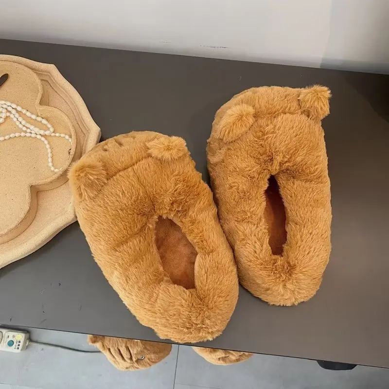 Cute Cartoon Cat Indoor Fluffy Slippers For Women Men Funny House Shoes Warm Faux Fur Anti-slip Couples Winter Home Cotton Shoe view 5