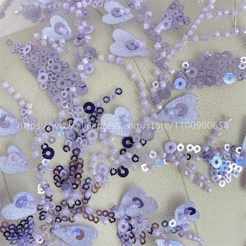 Light Purple Dusty  Green Sequin Bead Embroidery Wedding Dress Cloth DIY Sewing Fabric, 3D Lace Fabric