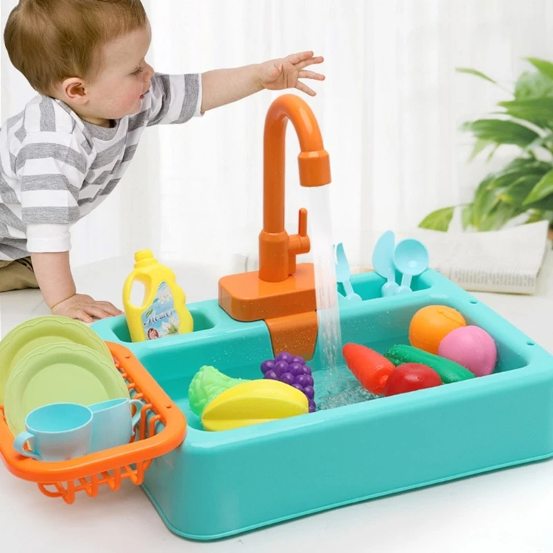 Montessori Kitchen Toy Sink Toy, Playing House Role-Playing Toy, Máquina lavar louça com água corrente, Lava-louças