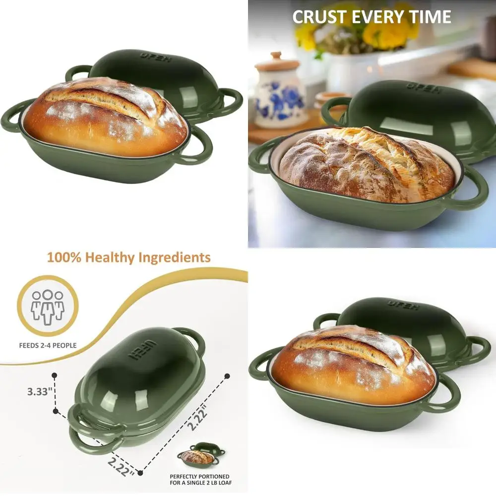 

Эмалированная чугунная жаровня с крышкой — идеально подходит для выпечки хлеба на закваске, домашнего хлеба и рецептов без замеса, 2 QT/1.9 л, зеленая
