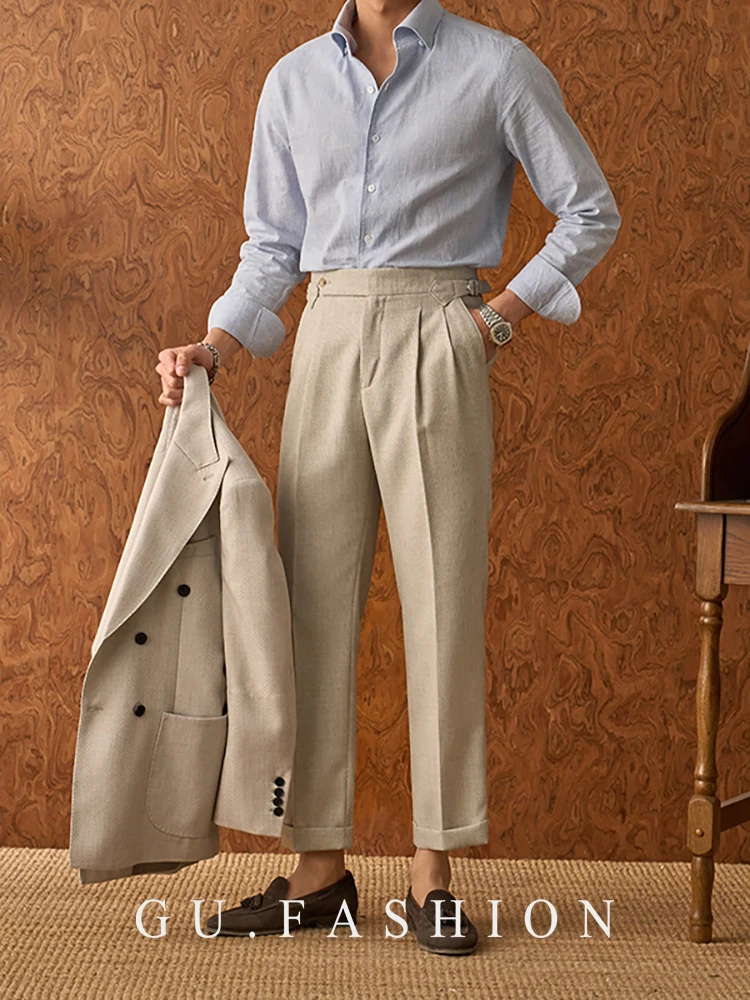 

High Waist Men's Busin Casual Pants Double Pleat Briti Sle Italian Tailoring Paris Button Khaki Cargo Trousers