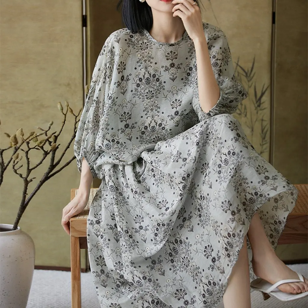 

Women's Linen Silk Two-Piece Set Floral Print High-Grade Silk Shirt And Skirt Ensemble for Elegant Fashion