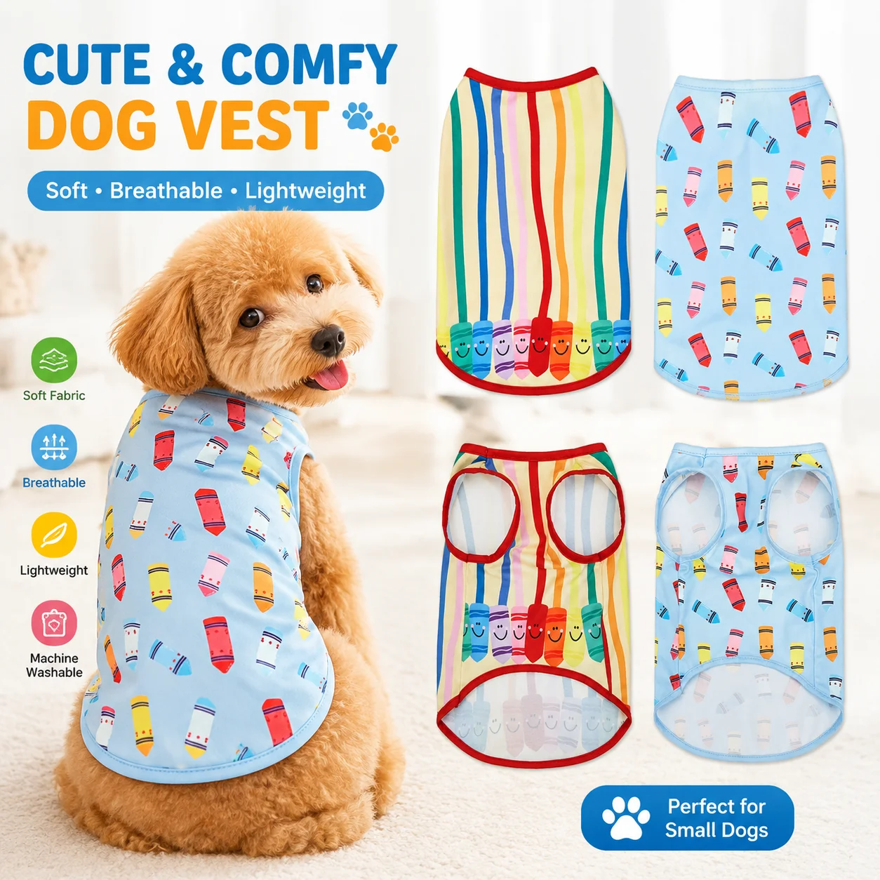 2Pcs Pet Dog Playful Crayon Vest Set, Yellow & Blue Dog Vest Top Apparel, Small Medium Large Dog Clothes, Summer Dog Outfit view 5