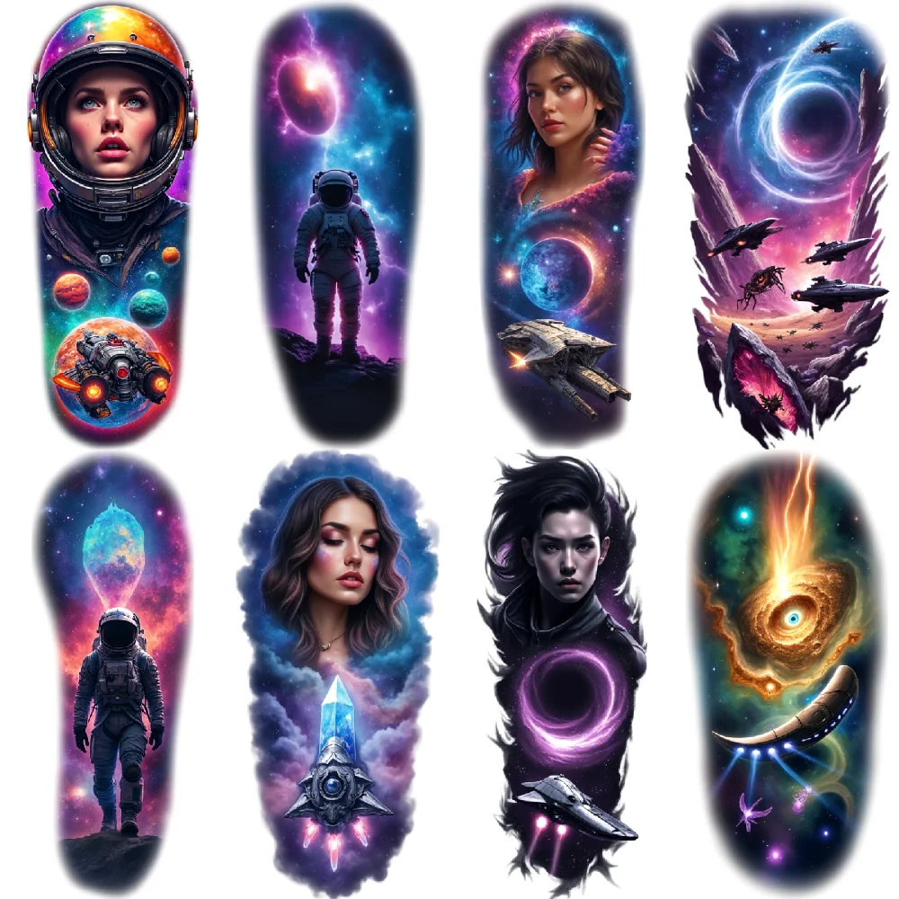 

12pcs Temporary Tattoo Spiral Galaxy Colorful Realism Alien Planet Space Shuttle Waterproof Long-lasting Body Stickers For