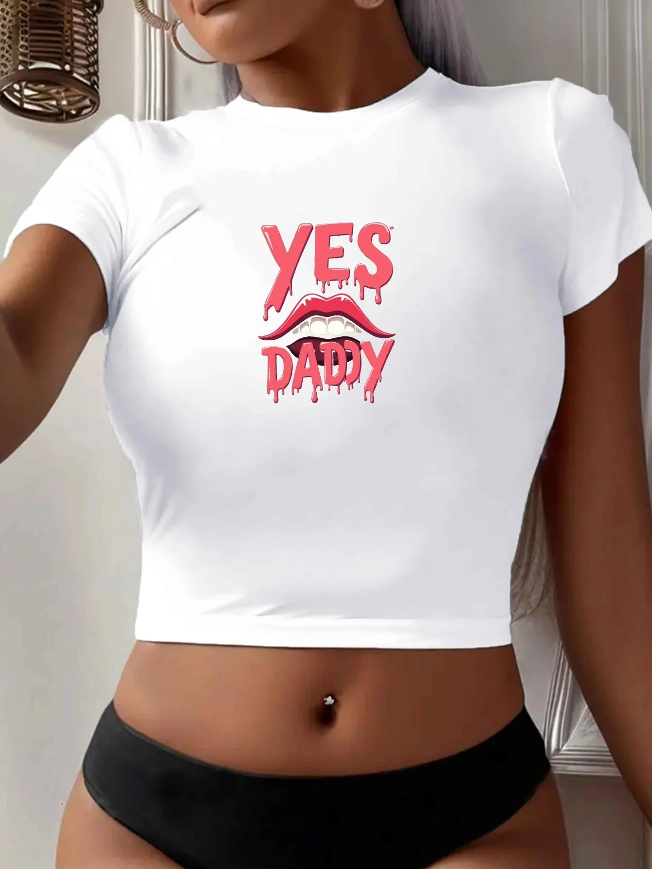 

YES DADDY with Lips Women's Fashion Short Tshirt Harajuku Sleeve Casual Womens T-shirt Clothing Street Aesthetic Clothes