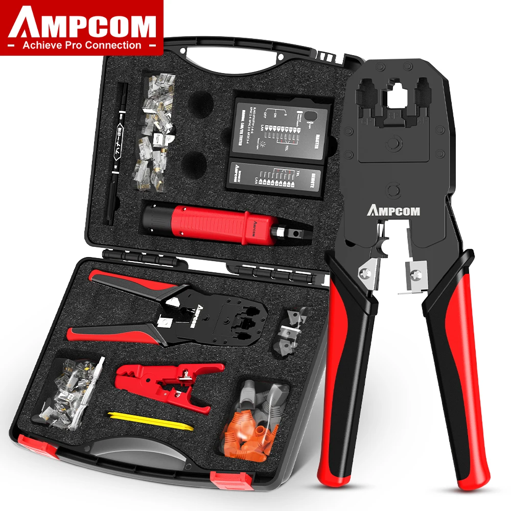 Network Tool Kit, AMPCOM 12 in 1 Professional Portable Ethernet Computer Maintenance LAN Cable Tester Crimper Cutter Repair Set