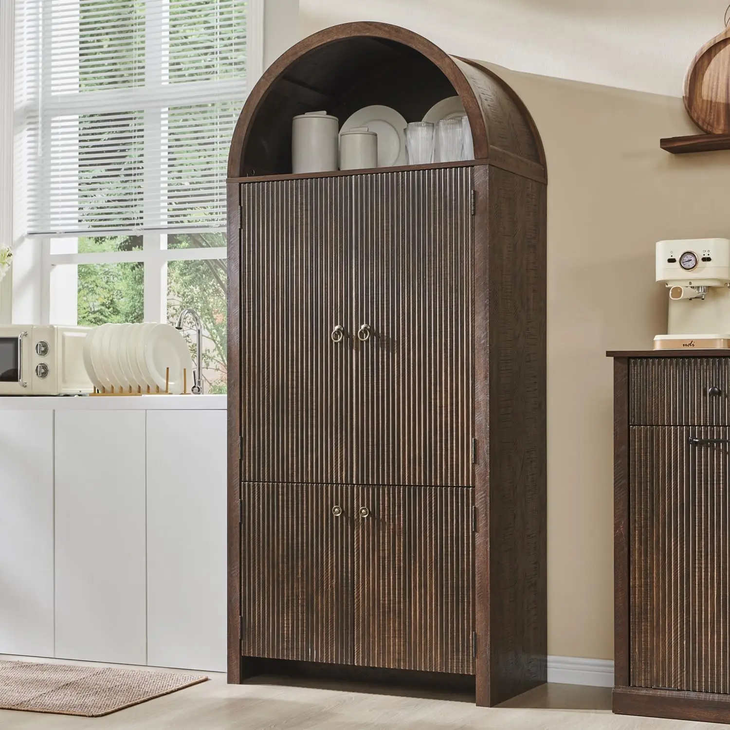 

Tall Arched Kitchen Cabinet with 3 Adjustable Shelves, Modern Fluted Wood Design, 6 Door Storage, Brown
