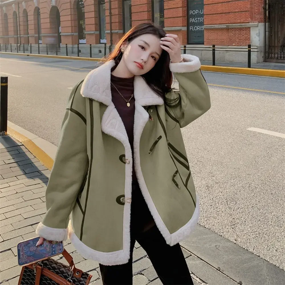 2024 Fall and Winter New Women Tops Coat Faux Fur Lamb Wool Turn Down Collar Long Sleeve Single Breasted Loose Padded Coats