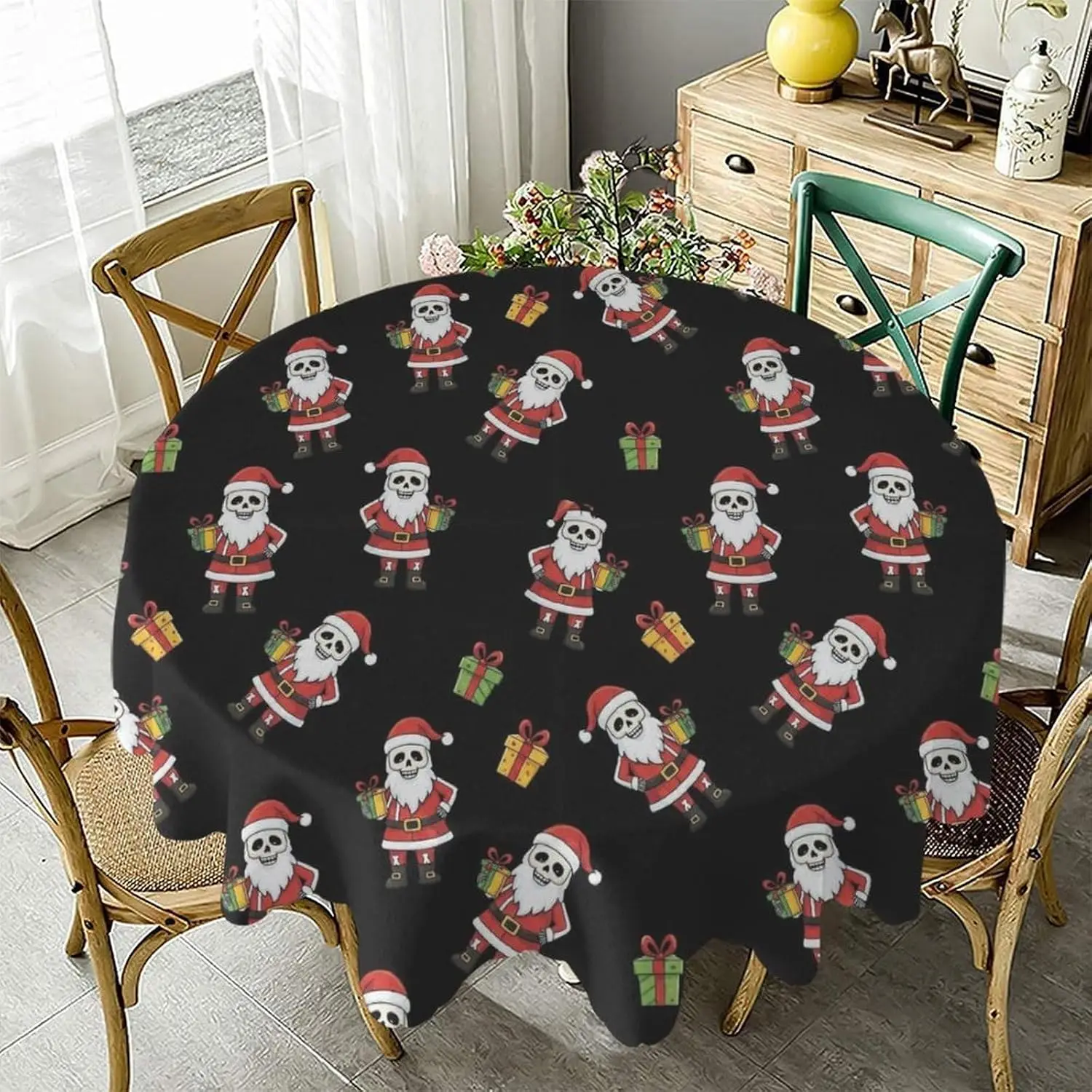 Water Resistant Washable Polyester Tablecloth Compatible with Halloween Christmas Santa Skull Skeleton Black